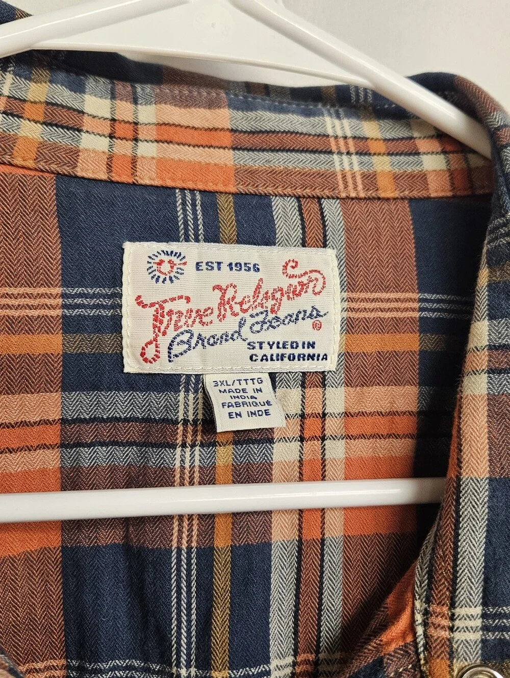 True Religion Long Sleeve Plaid Pearl Snap Western orange & navy blue plaid 3XL